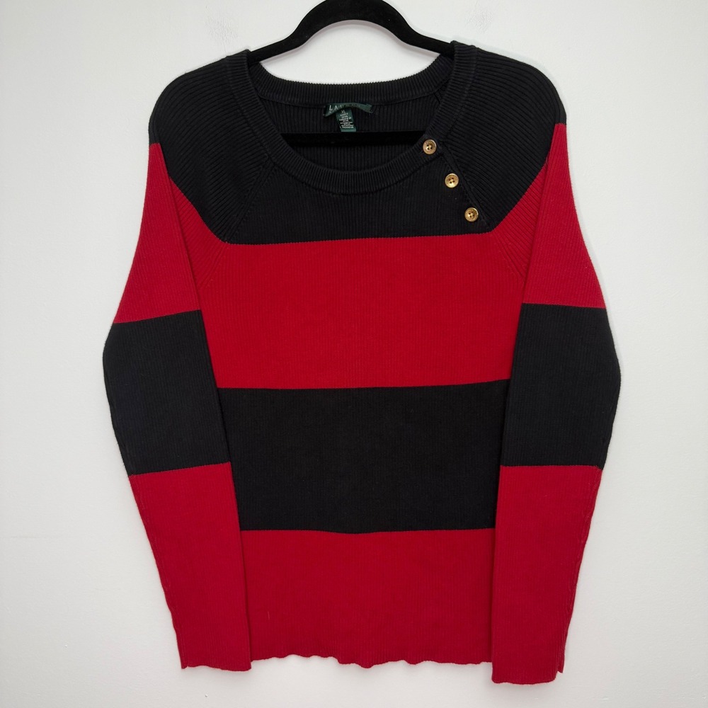 Lauren Ralph Lauren Women's Red Black Striped Gold Button Shoulder Sweater XL
